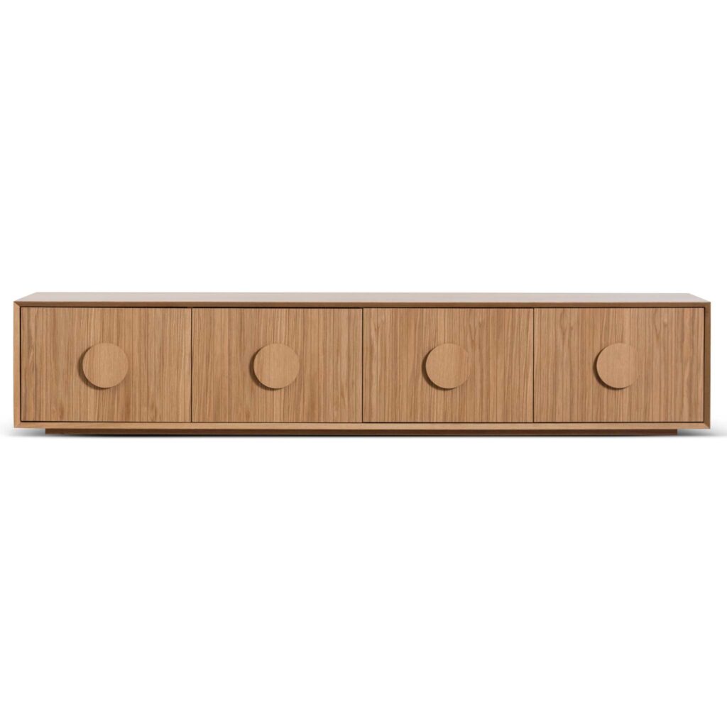 Oscar 2.3m wooden TV unit with natural oak finish and geometric handles for modern living rooms