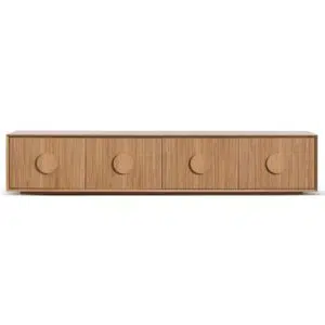 Oscar 2.3m wooden TV unit with natural oak finish and geometric handles for modern living rooms