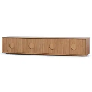 Oscar 2.3m wooden TV unit with natural oak finish and geometric handles for modern living rooms