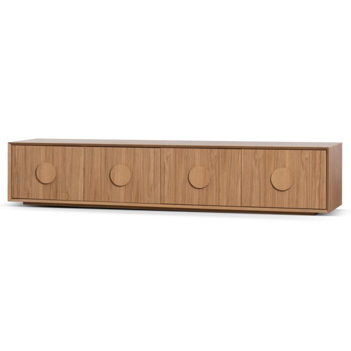 Oscar 2.3m wooden TV unit with natural oak finish and geometric handles for modern living rooms