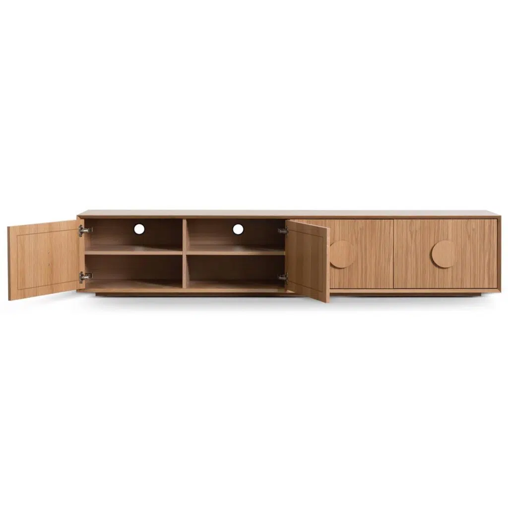 Oscar 2.3m wooden TV unit with natural oak finish and geometric handles for modern living rooms