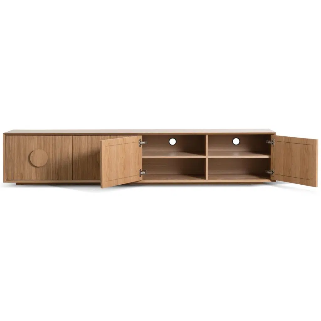 Oscar 2.3m wooden TV unit with natural oak finish and geometric handles for modern living rooms