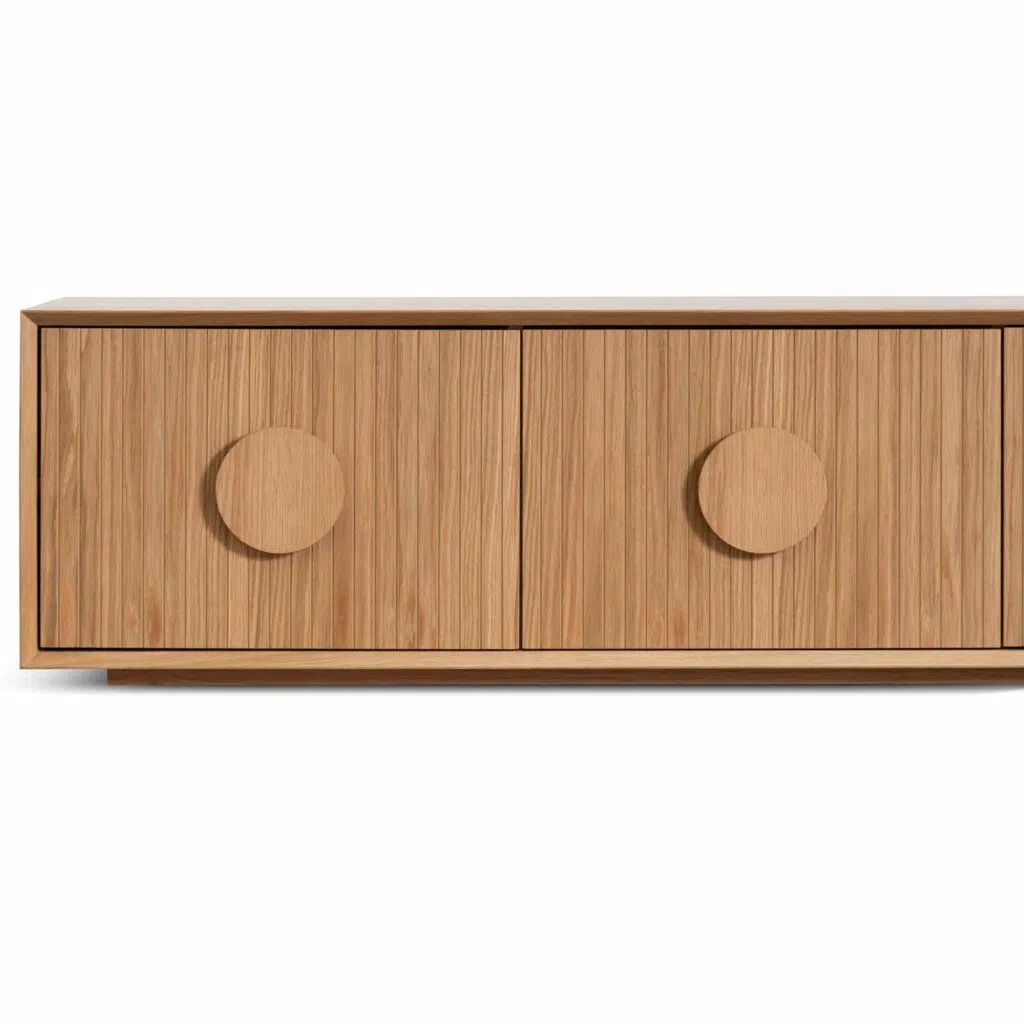 Oscar 2.3m wooden TV unit with natural oak finish and geometric handles for modern living rooms