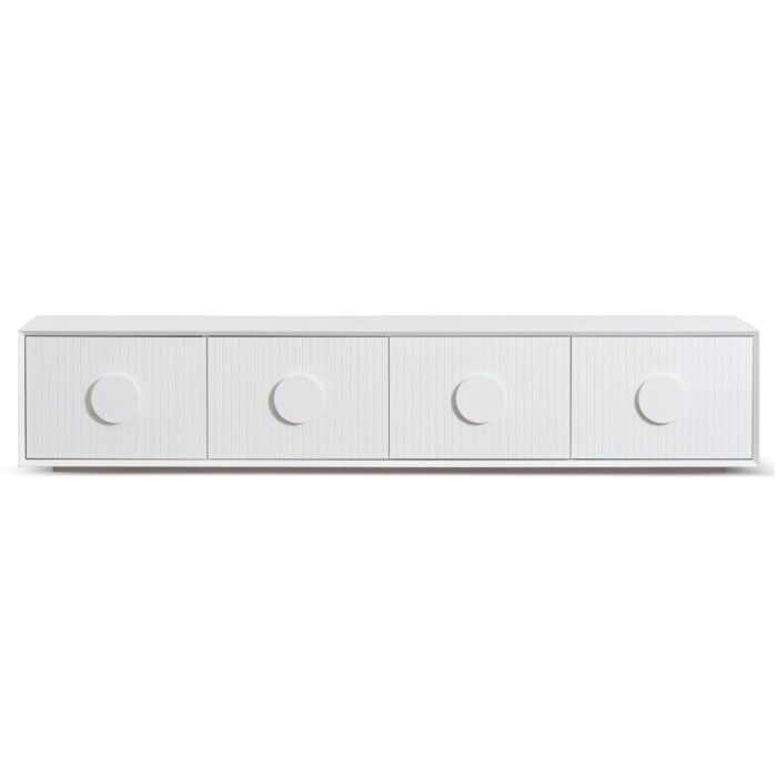 Kai 2.3m white wooden TV entertainment unit with oak accents and soft-close doors for modern living rooms