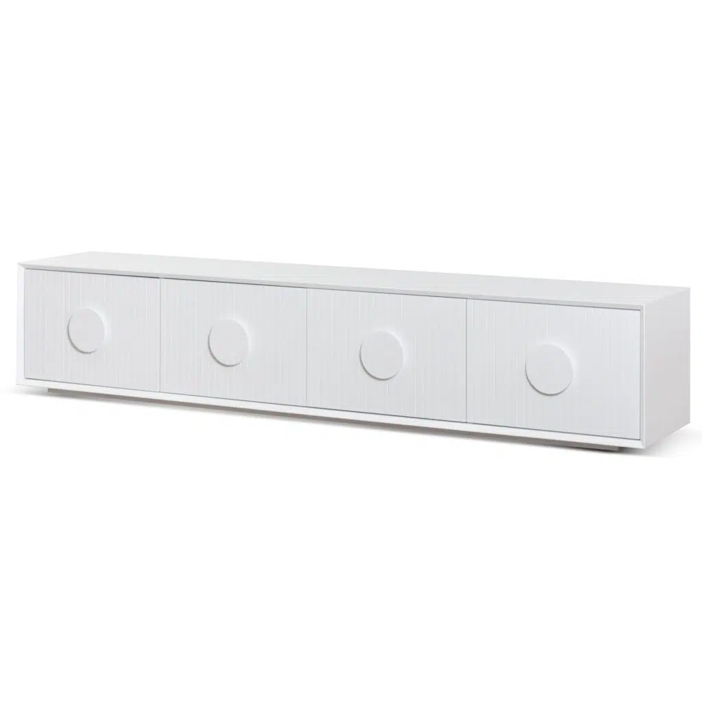 Kai 2.3m white wooden entertainment TV unit with modern design and storage shelves