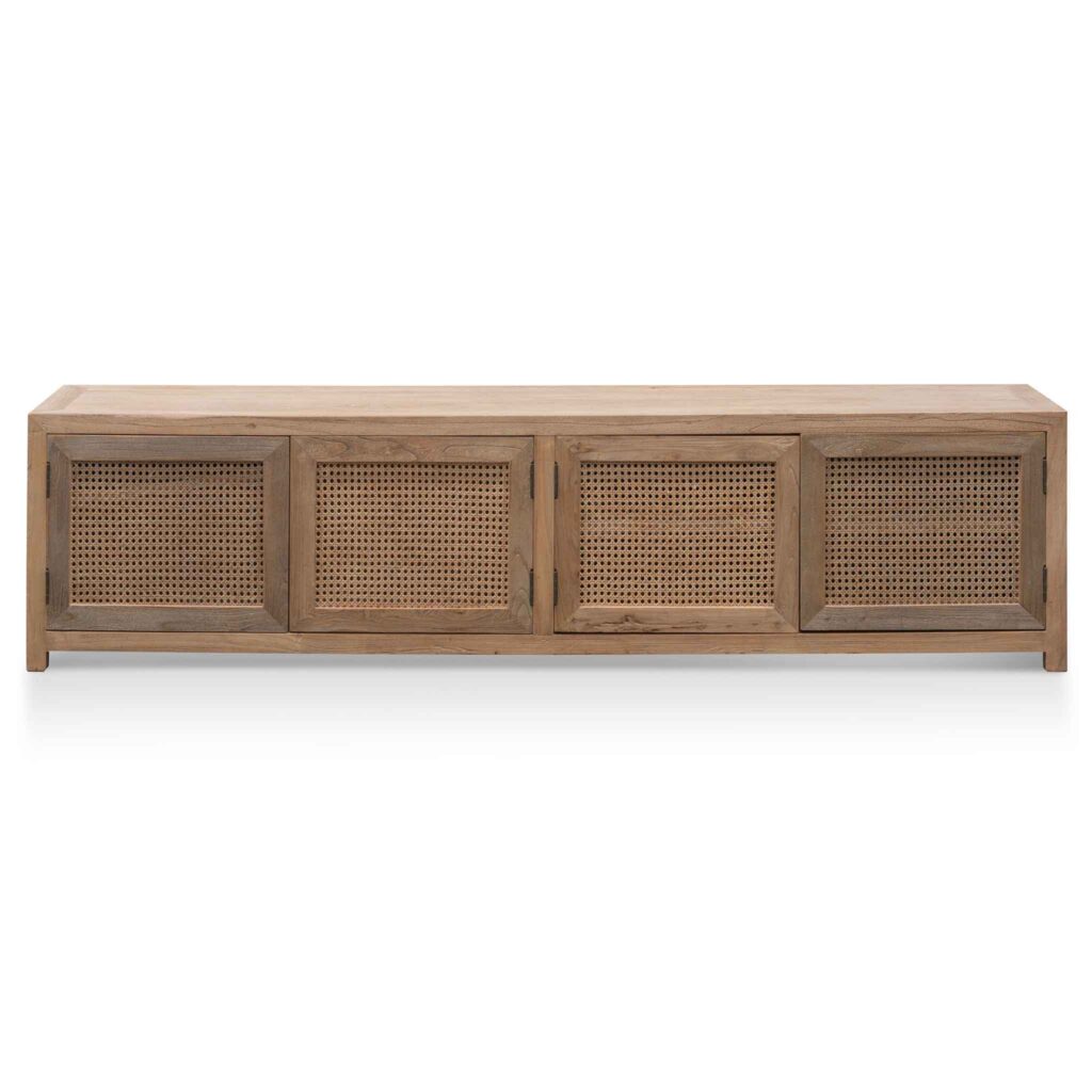 Isaac 2m TV entertainment unit with natural elm wood and woven rattan doors for coastal style