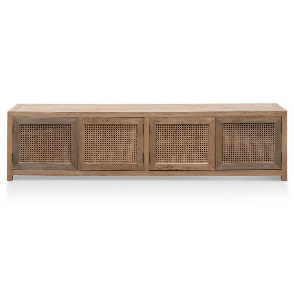 Isaac 2m TV entertainment unit with natural elm wood and woven rattan doors for coastal style