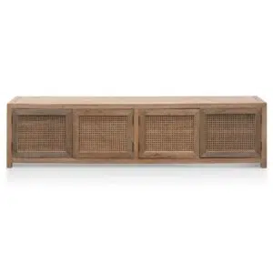 Isaac 2m TV entertainment unit with natural elm wood and woven rattan doors for coastal style