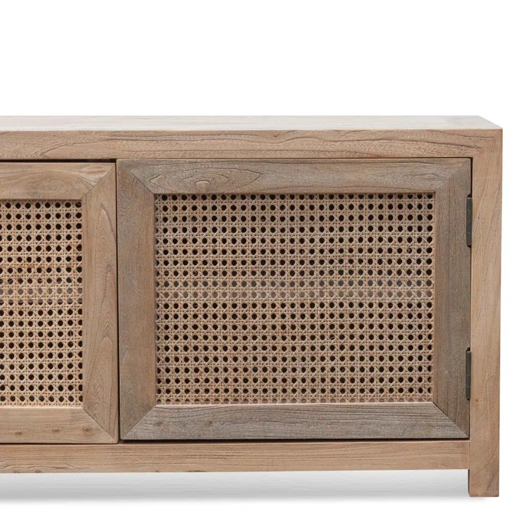 Natural elm wood TV unit with rattan doors for coastal living rooms