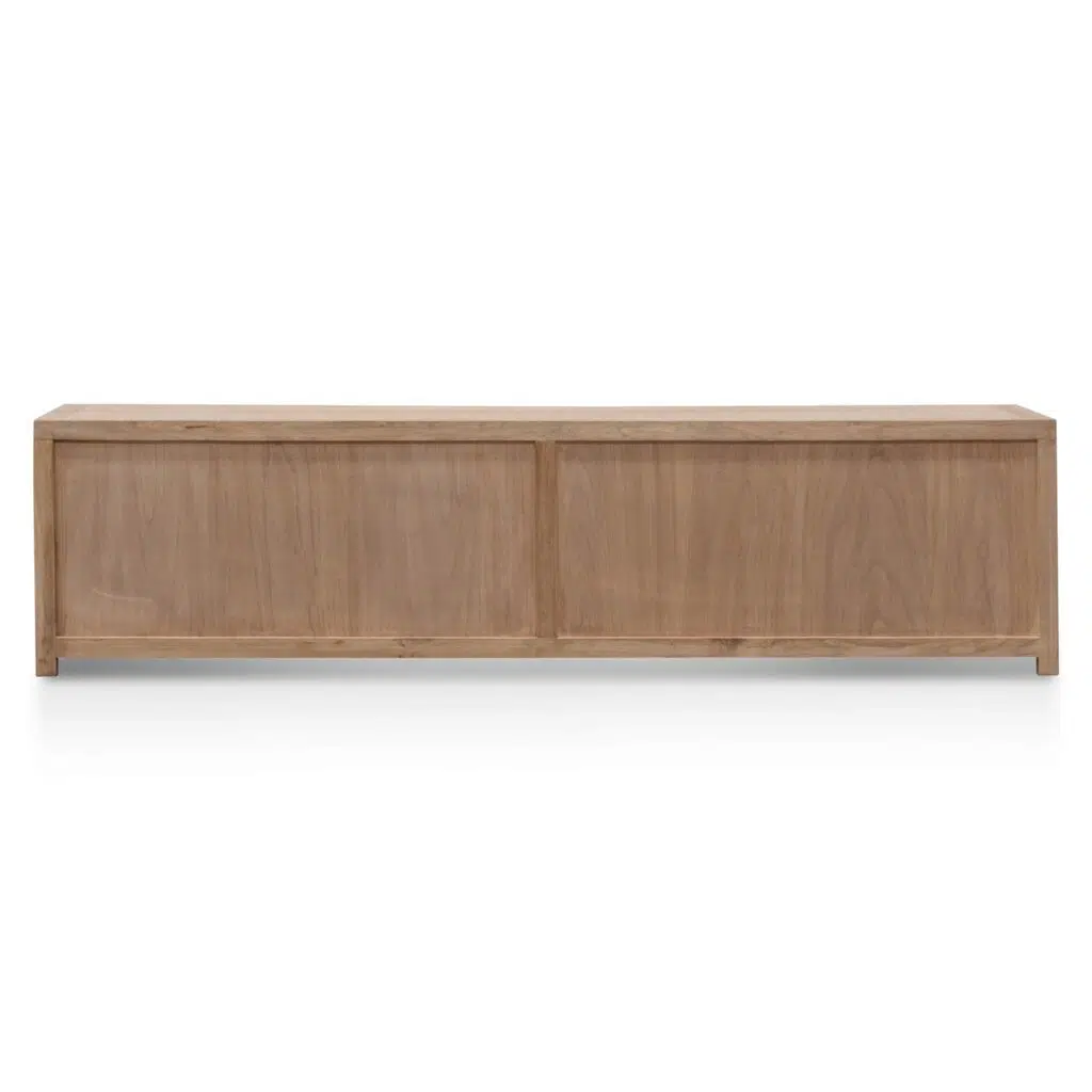 Natural elm wood TV unit with rattan doors for modern coastal living rooms