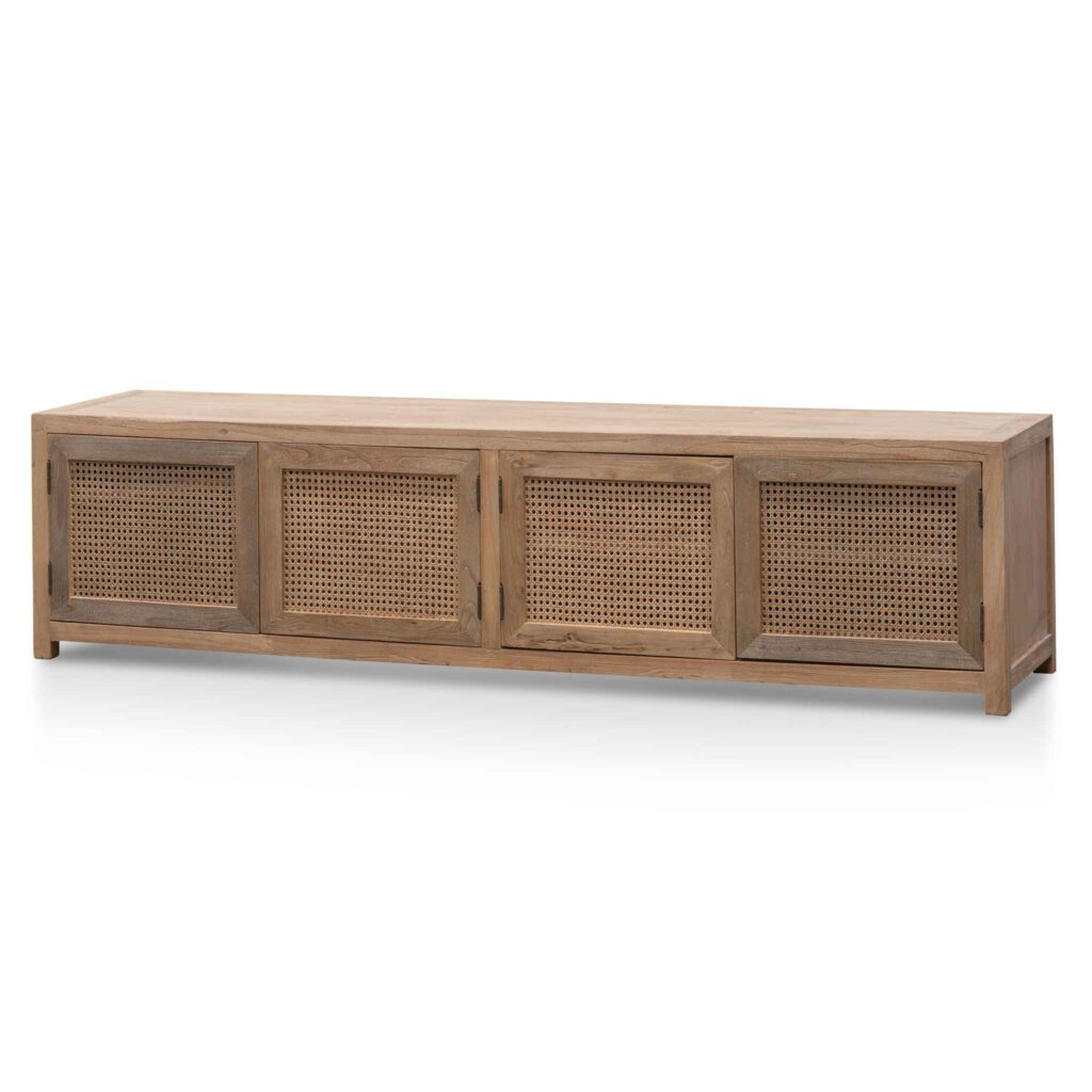 Isaac 2m TV entertainment unit with natural elm wood and rattan doors for coastal style