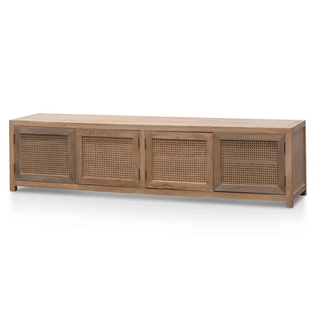 Isaac 2m TV entertainment unit with natural elm wood and rattan doors for coastal style
