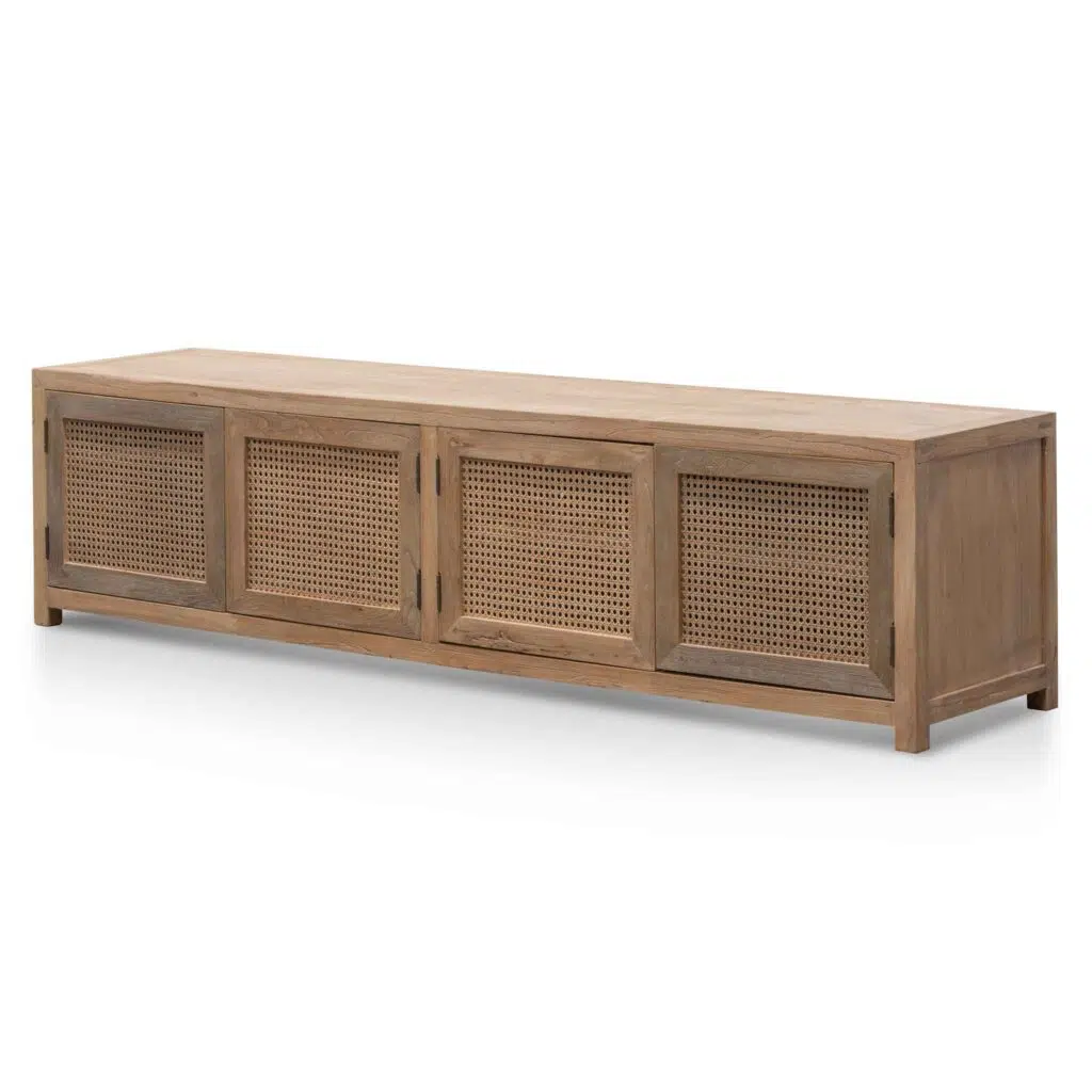 Isaac 2m TV entertainment unit with natural elm wood and rattan doors for coastal style living rooms