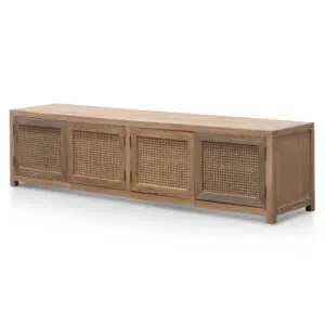 Isaac 2m TV entertainment unit with natural elm wood and rattan doors for coastal style living rooms