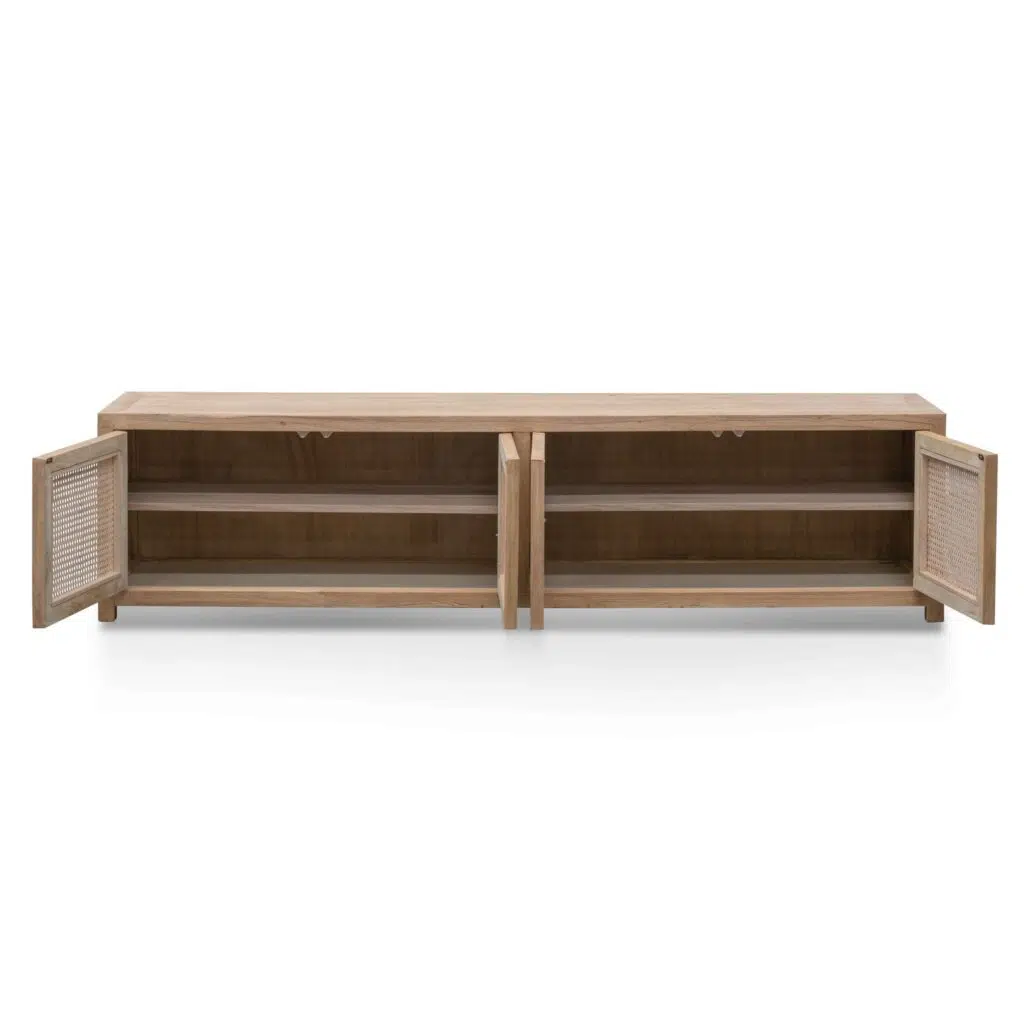 Isaac 2m TV entertainment unit with natural elm wood and rattan doors for coastal style