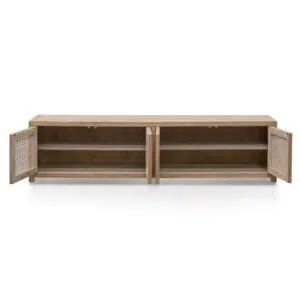 Isaac 2m TV entertainment unit with natural elm wood and rattan doors for coastal style