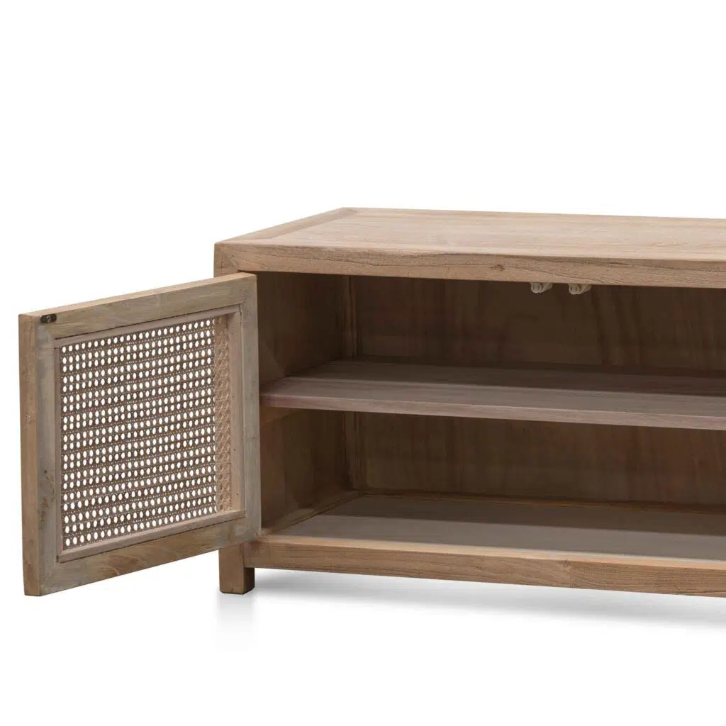Isaac 2m TV entertainment unit with natural elm wood and rattan doors for coastal style