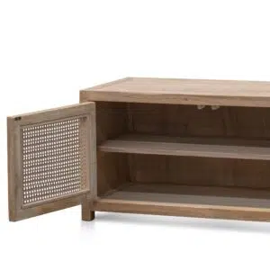 Isaac 2m TV entertainment unit with natural elm wood and rattan doors for coastal style