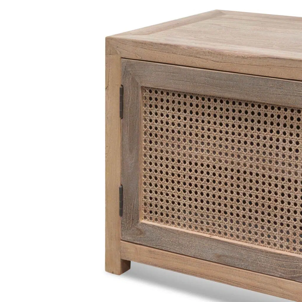 Natural elm wood TV unit with woven rattan doors for modern coastal decor