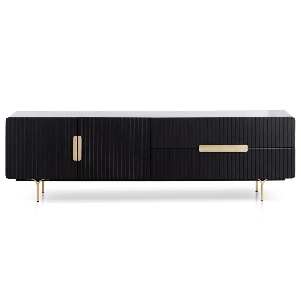 Matte black TV entertainment unit with brass legs and handles modern living room furniture