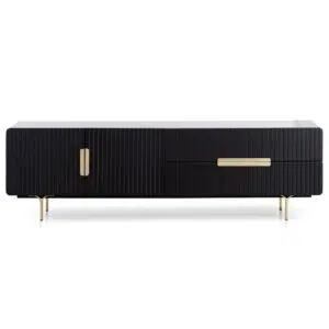 Matte black TV entertainment unit with brass legs and handles modern living room furniture