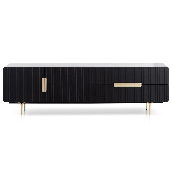Matte black TV entertainment unit with brass legs and handles modern living room furniture