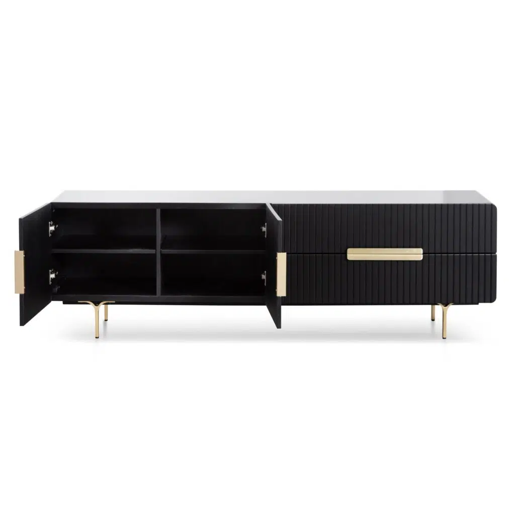 Matte black TV entertainment unit with brass legs and handles modern living room furniture
