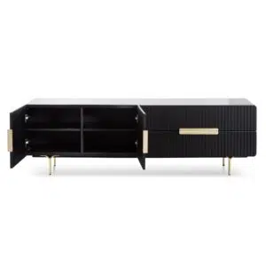 Matte black TV entertainment unit with brass legs and handles modern living room furniture
