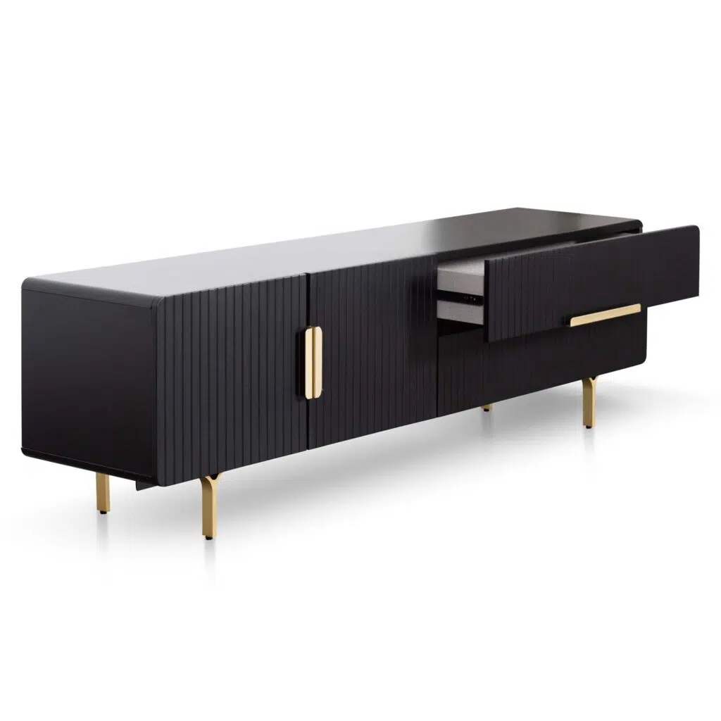 Matte black TV entertainment unit with brass legs and handles for modern living rooms