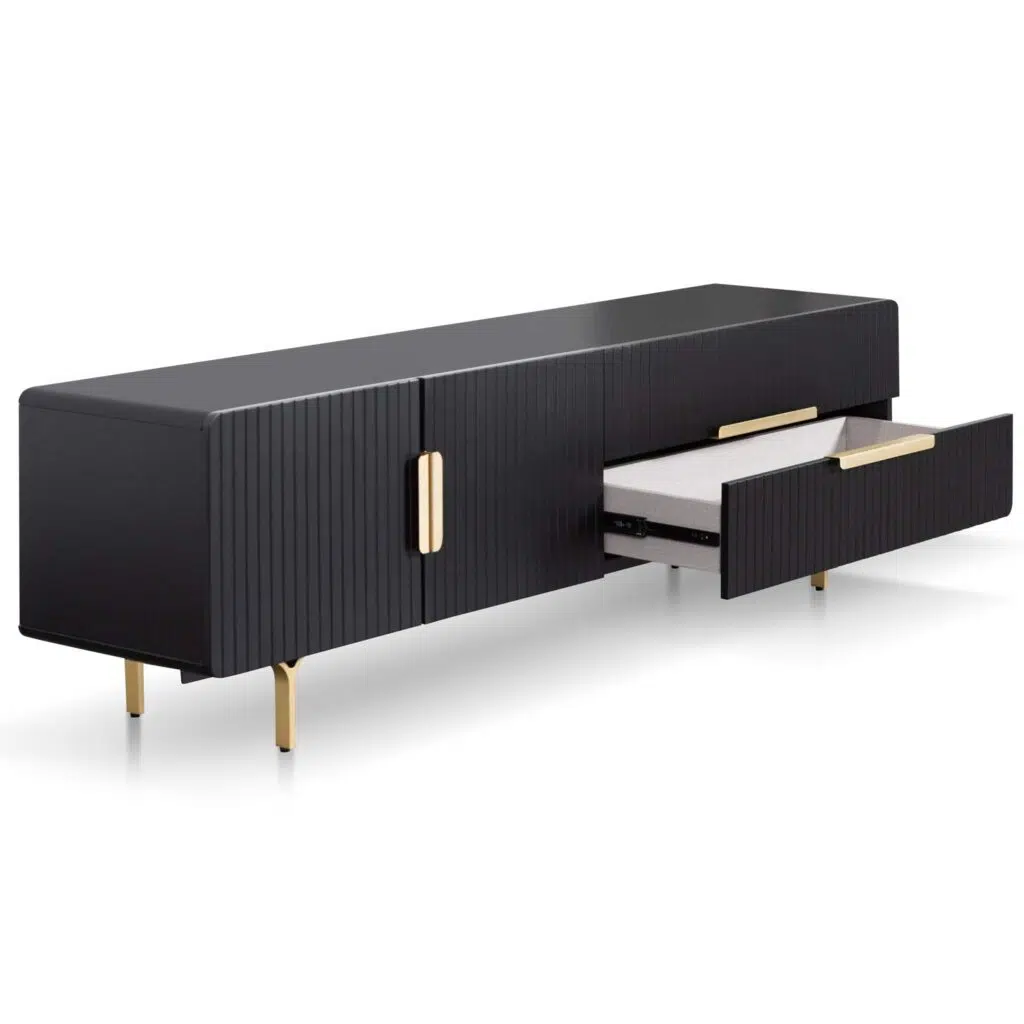 Matte black TV entertainment unit with brass legs and handles modern living room furniture