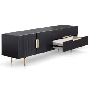 Matte black TV entertainment unit with brass legs and handles modern living room furniture