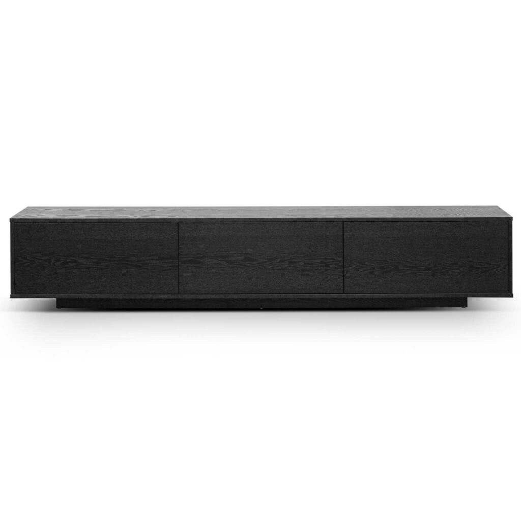 Ezra 2.3m wooden entertainment unit in full black with hidden storage and cable management