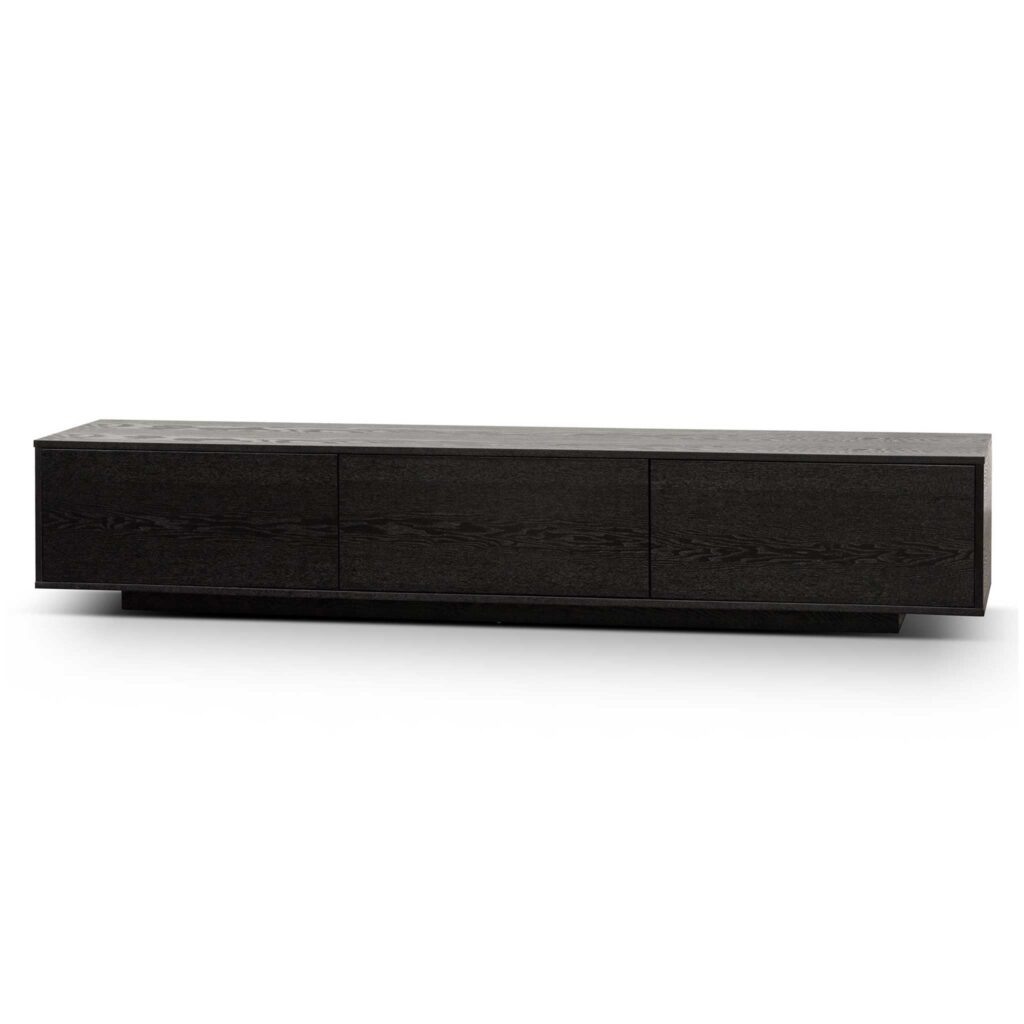 Ezra 2.3m wooden entertainment unit in full black with sleek design and hidden storage