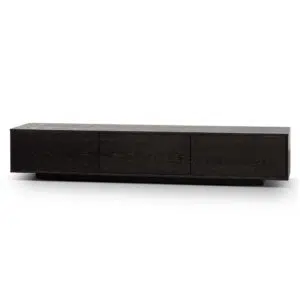 Ezra 2.3m wooden entertainment unit in full black with sleek design and hidden storage