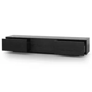 Ezra 2.3m black wooden entertainment unit with sleek design and hidden storage for modern living rooms