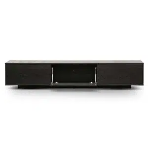 Ezra 2.3m black wooden entertainment unit with hidden storage and cable management for modern living rooms