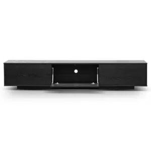Ezra 2.3m wooden entertainment unit in full black with sleek modern design and hidden storage