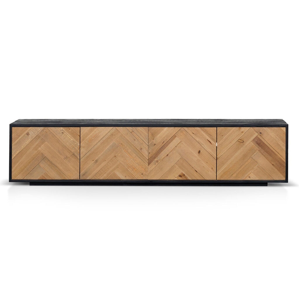 Celeste 2.1m wooden TV unit with rustic black finish and chevron detailing natural pine doors