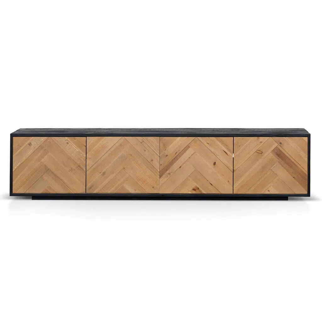 Celeste 2.1m wooden TV unit with rustic black finish and chevron detailing natural pine doors