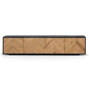 Celeste 2.1m wooden TV unit with rustic black finish and chevron detailing natural pine doors