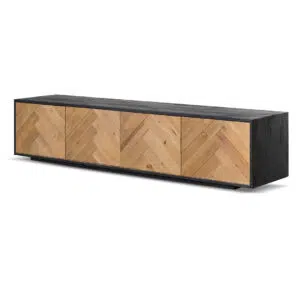 Wooden TV entertainment unit with chevron doors natural pine rustic black MDF modern living room