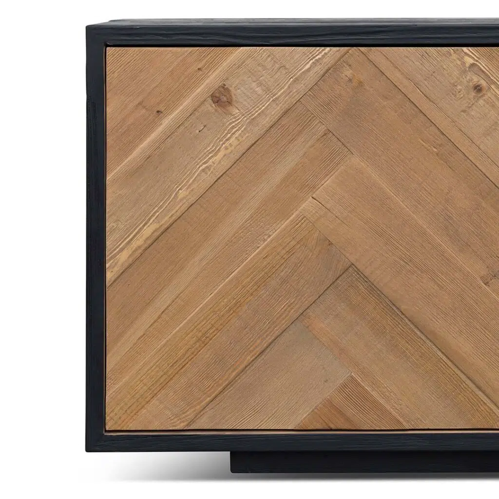 Wooden TV entertainment unit with chevron doors natural pine rustic black modern design