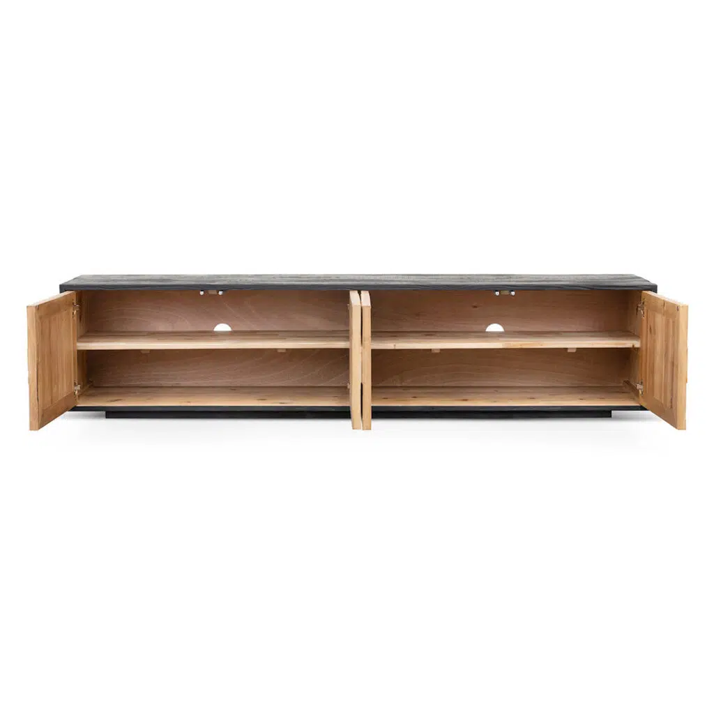 Wooden TV entertainment unit with chevron doors rustic black and natural pine contrast