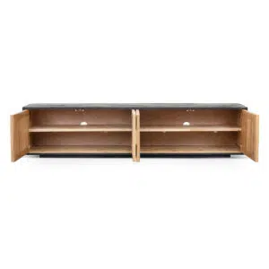 Wooden TV entertainment unit with chevron doors rustic black and natural pine contrast