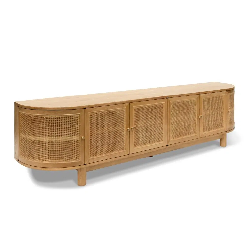 Natural rattan 2.2m TV cabinet with semi-transparent doors and adjustable shelves
