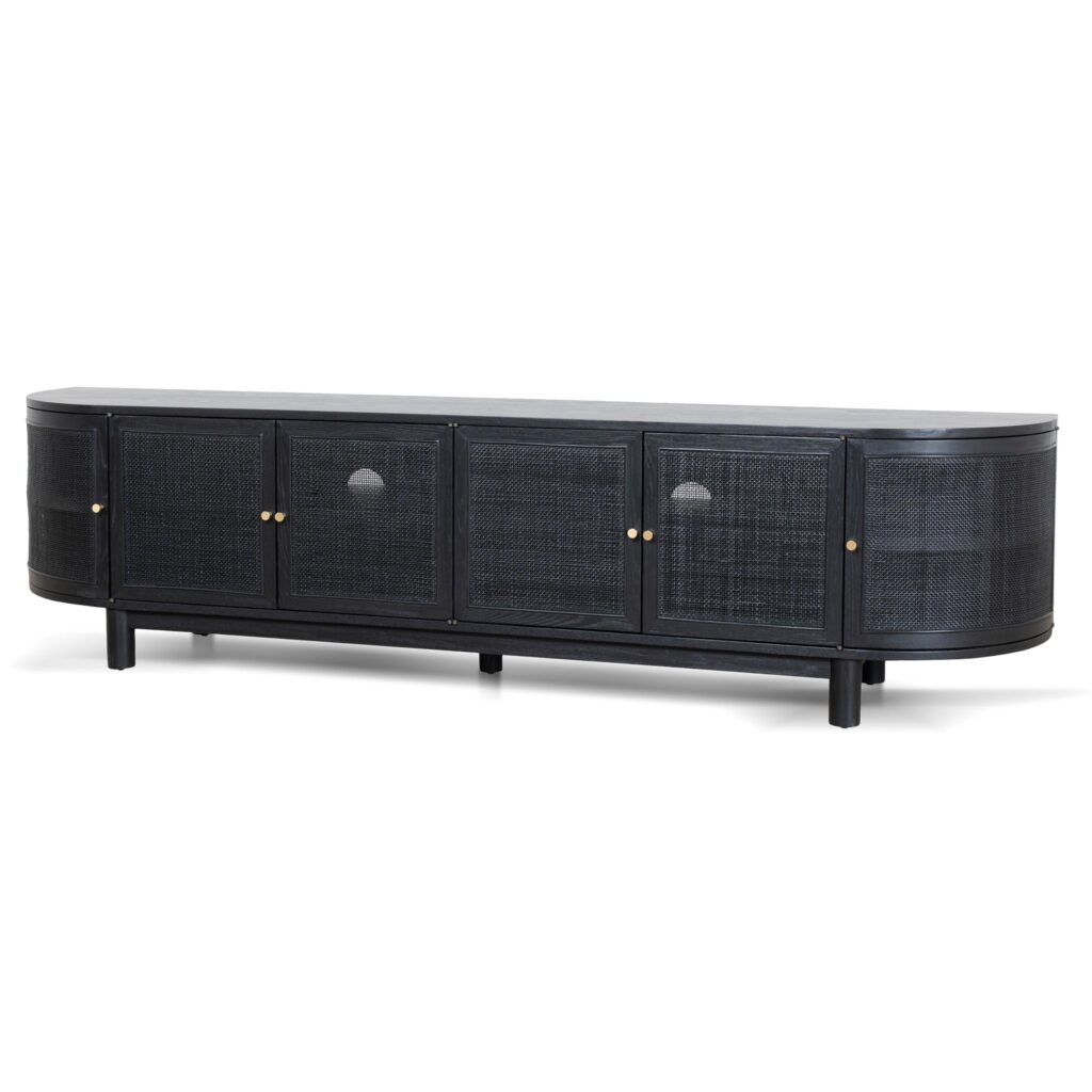 Tobias 2.2m rattan door TV unit in full black with boho-chic design and storage compartments