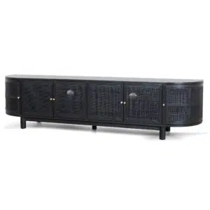 Tobias 2.2m rattan door TV unit in full black with boho-chic design and storage compartments