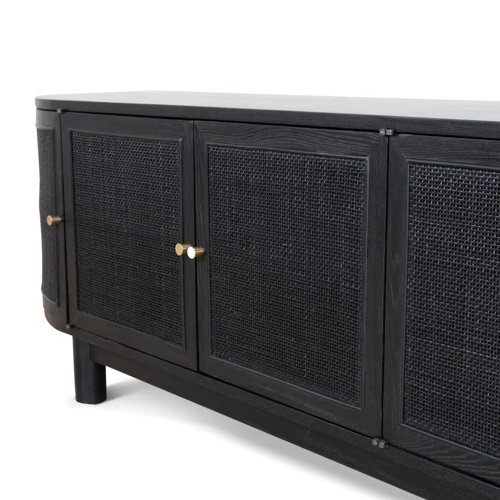 Tobias 2.2m rattan door TV unit in full black with boho-chic style and modern sophistication