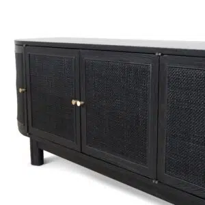 Tobias 2.2m rattan door TV unit in full black with boho-chic style and modern sophistication