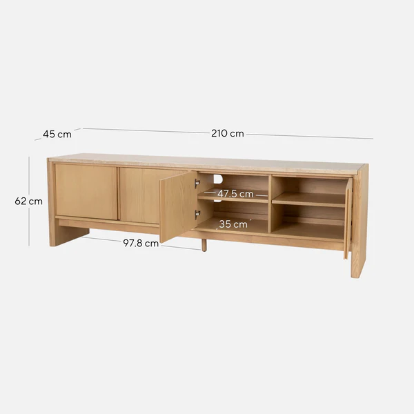 Nora 2.1m Luxury Travertine Top TV Unit - Creme Ash Modern Stone Surface with Adjustable Shelves and Spacious Storage